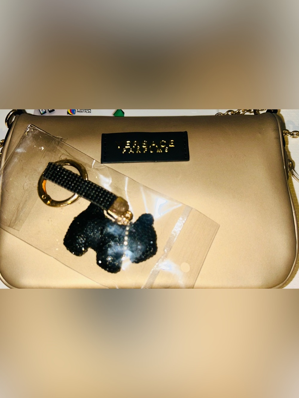 NWT Versace Gold Crossbody Bag with Black Rhinestone Terrier Charm - Picture 4 of 9